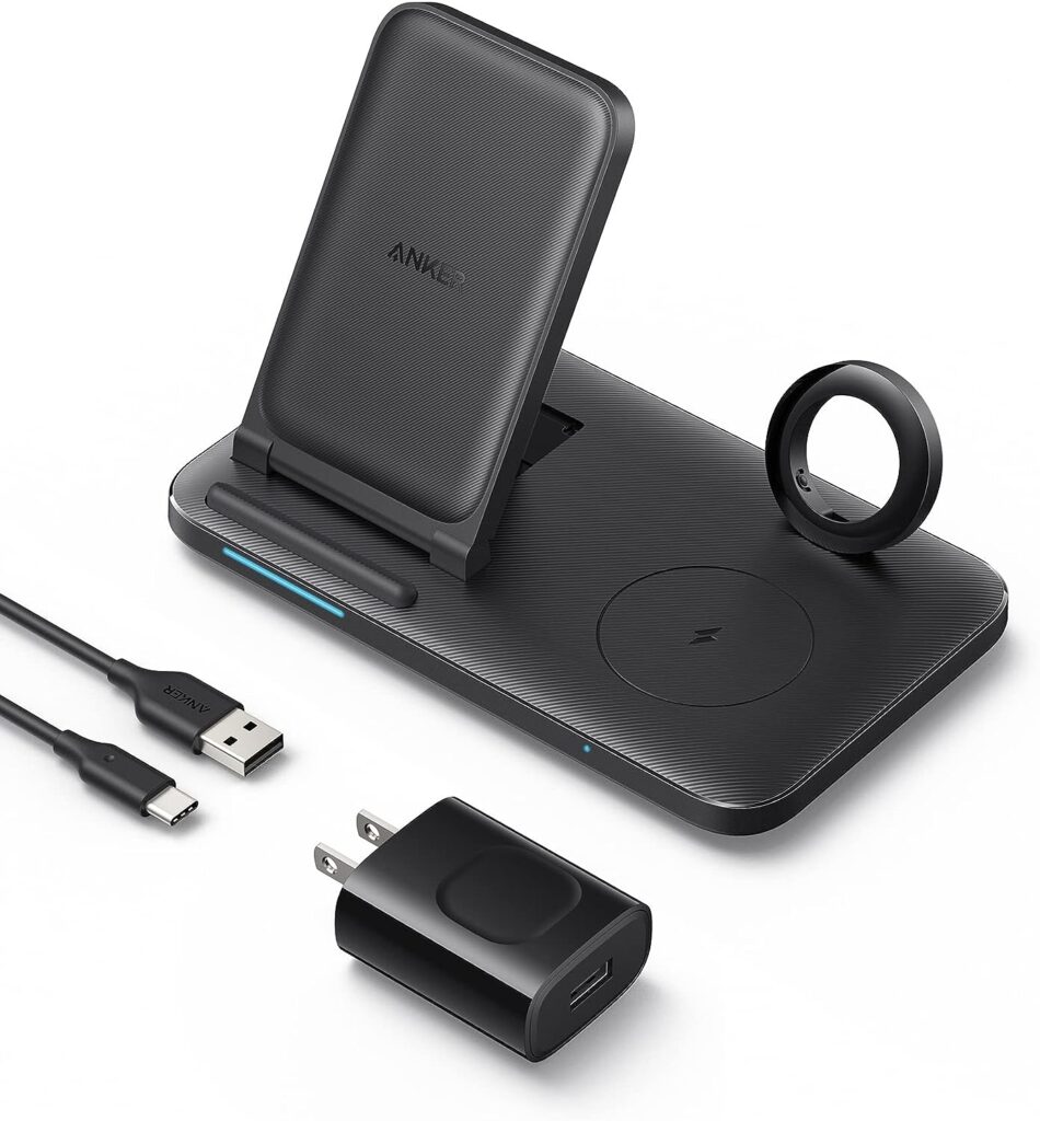 Anker Foldable 3-in-1 Wireless Charging Station with Adapter, 335 Wireless Charger, for iPhone 14 Series, AirPods Pro, Apple Watch Series 1-6 (Works with Original 1m/3.3ft USB-A Cable, Not Included)