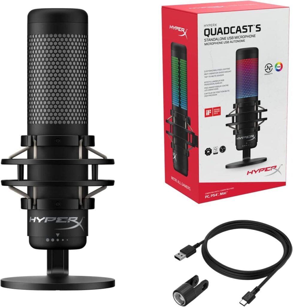 HyperX QuadCast S – RGB USB Condenser Microphone for PC, PS4, PS5 and Mac, Anti-Vibration Shock Mount, 4 Polar Patterns, Pop Filter, Gain Control, Gaming, Streaming, Podcasts, Twitch, YouTube, Discord