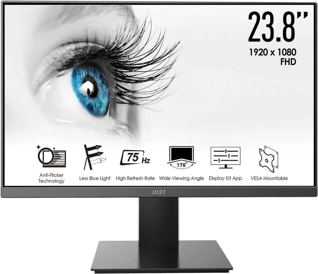 MSI Pro MP241X 24” Monitor, Full HD 1080p, 75Hz Refresh Rate, Anti-Glare Display, Less Blue Light, VESA Mountable, HDMI and VGA, Black