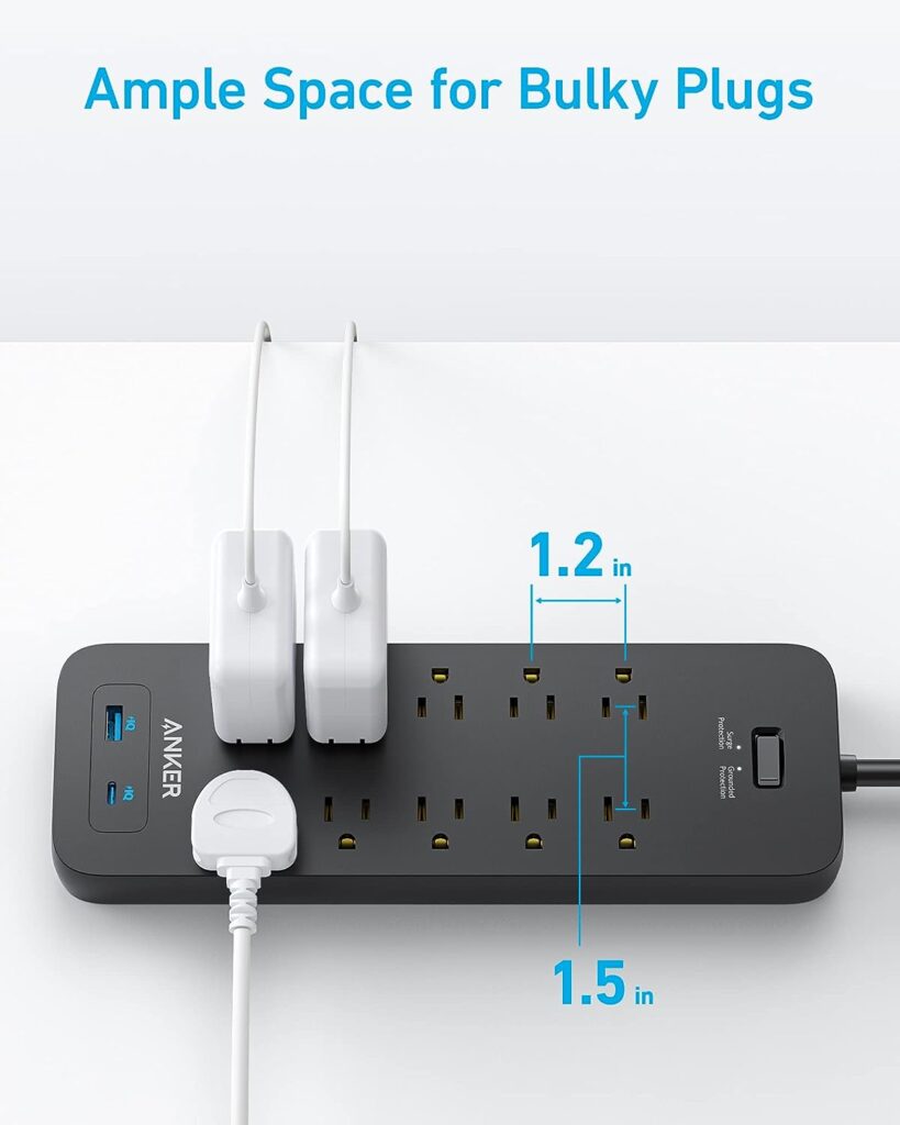 Power Strip Surge Protector(2100J),Anker 6Ft/1.8m Extension Cord with 10 Outlets and 2 USB Ports,Flag Plug,Wall Mount Holes for Home,Office,Dorm Essentials,ETL Listed