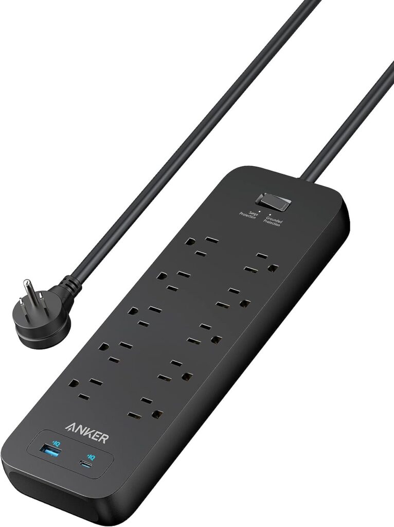 Power Strip Surge Protector(2100J),Anker 6Ft/1.8m Extension Cord with 10 Outlets and 2 USB Ports,Flag Plug,Wall Mount Holes for Home,Office,Dorm Essentials,ETL Listed