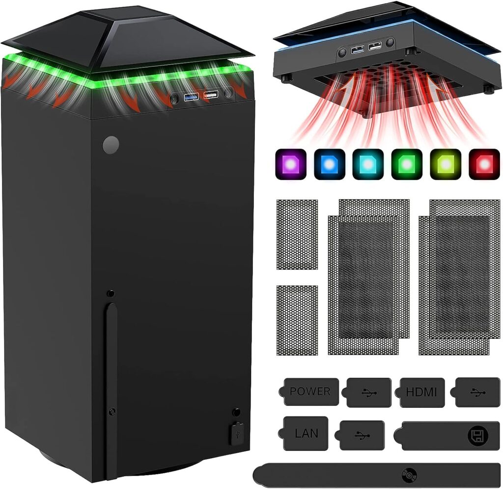 Cooling Fan Dust Proof for Xbox Series X Console with Colorful Light Strip,MENEEA Dust Cover Filter,Rubber Dust Plugs,Low Noise Top Fan with 3 Gears,CoolerLight Independent Touch Switch, 2 USB Port