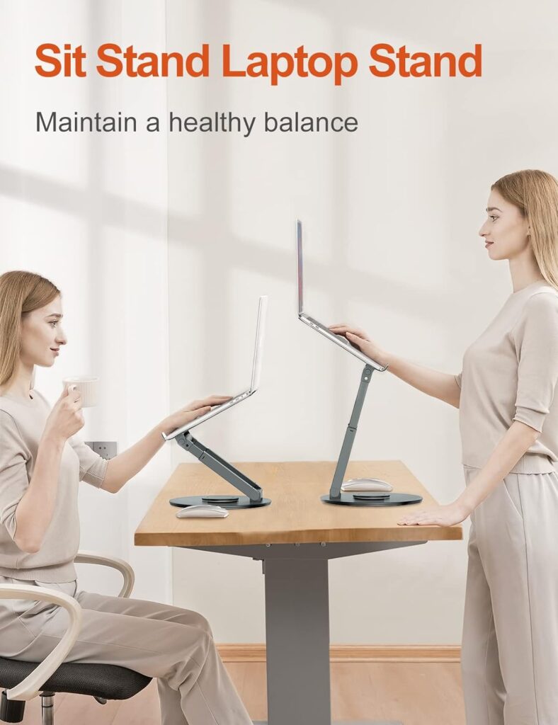 tounee Ergonomic Laptop Stand for Desk with 360° Swivel Base, Sit to Stand, Height Adjustable, Portable Riser Holder for Good Posture, Compatible with MacBook Pro, All Laptops 10-17-Gray