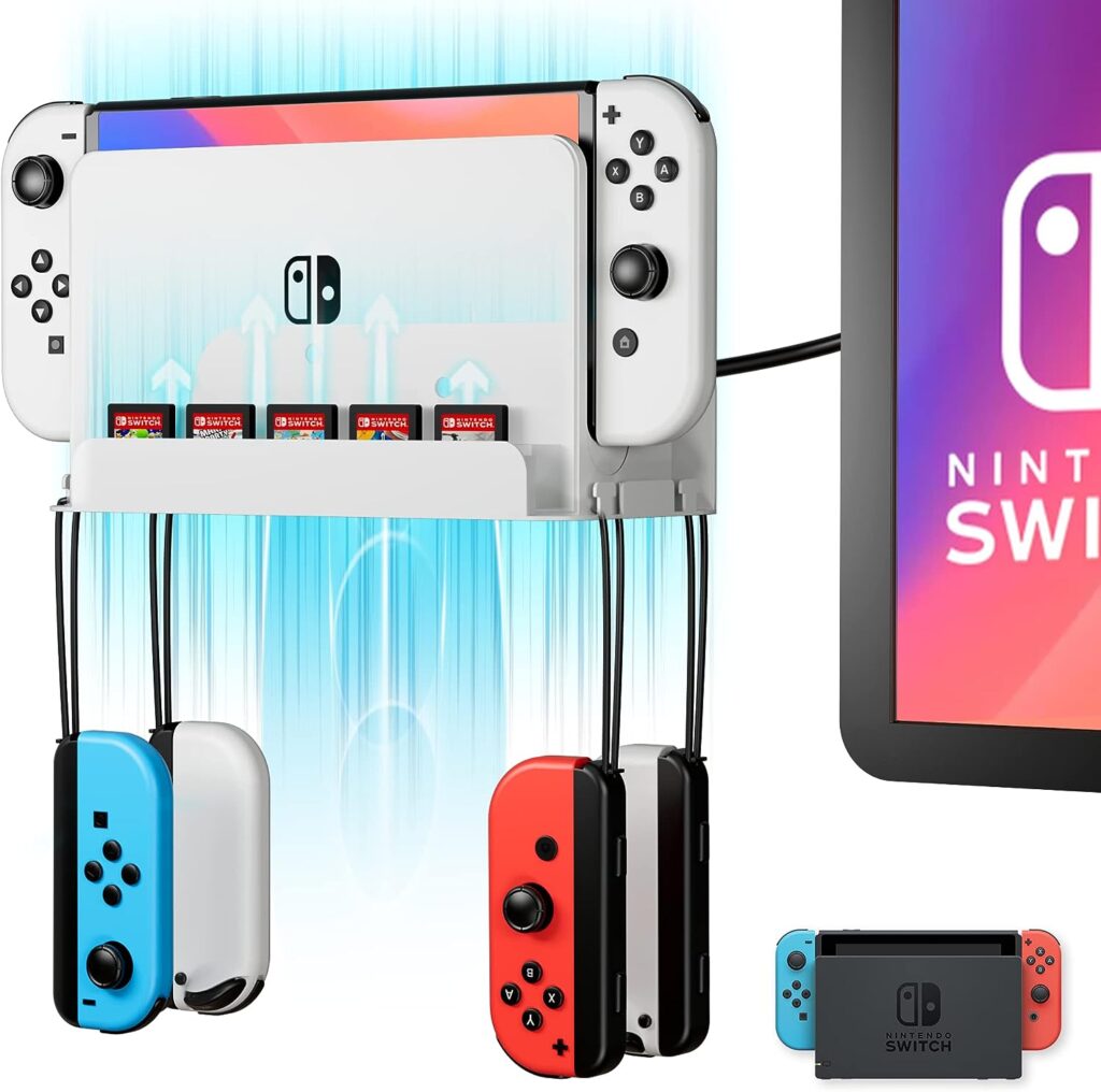 Wiilkac Wall Mount Bracket for Switch and Switch OLED, Wall Mount for Switch with 5 Game Cards Slots and 4 Joy Con Hooks, Easy to Install, Save Space, Quick Heat Dissipation (White) : Video Games