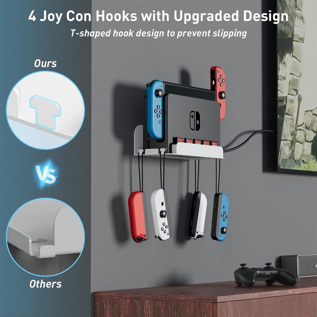 Wiilkac Wall Mount Bracket for Switch and Switch OLED, Wall Mount for Switch with 5 Game Cards Slots and 4 Joy Con Hooks, Easy to Install, Save Space, Quick Heat Dissipation (White) : Video Games