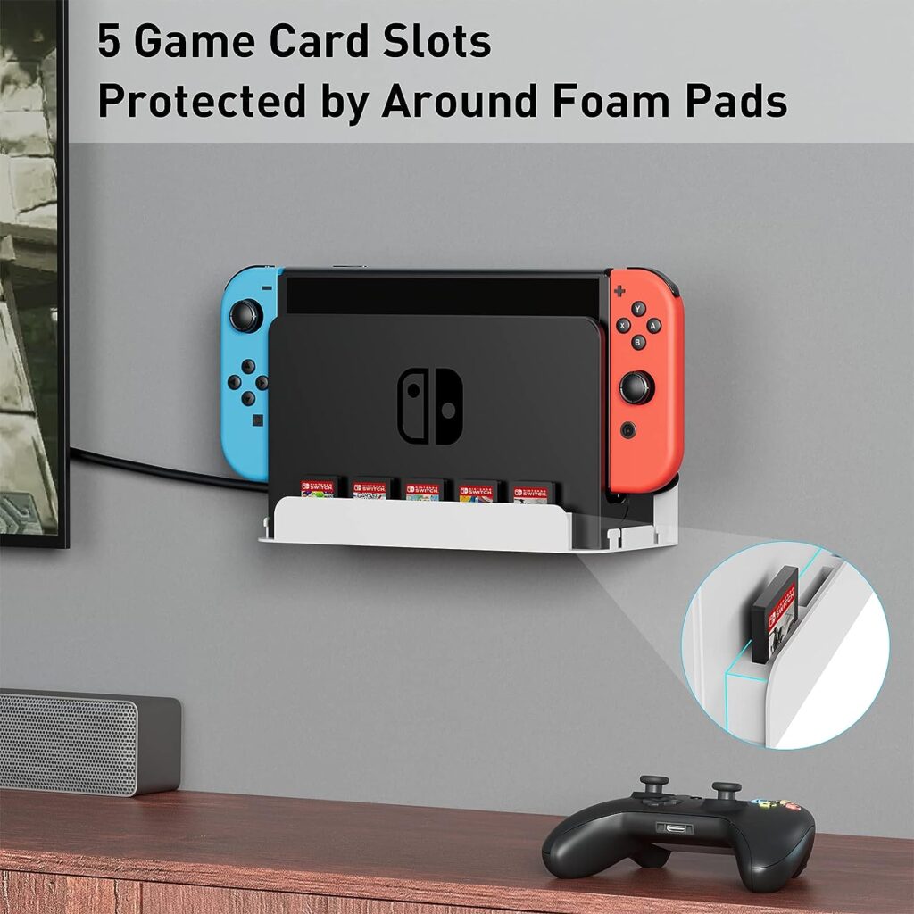 Wiilkac Wall Mount Bracket for Switch and Switch OLED, Wall Mount for Switch with 5 Game Cards Slots and 4 Joy Con Hooks, Easy to Install, Save Space, Quick Heat Dissipation (White) : Video Games